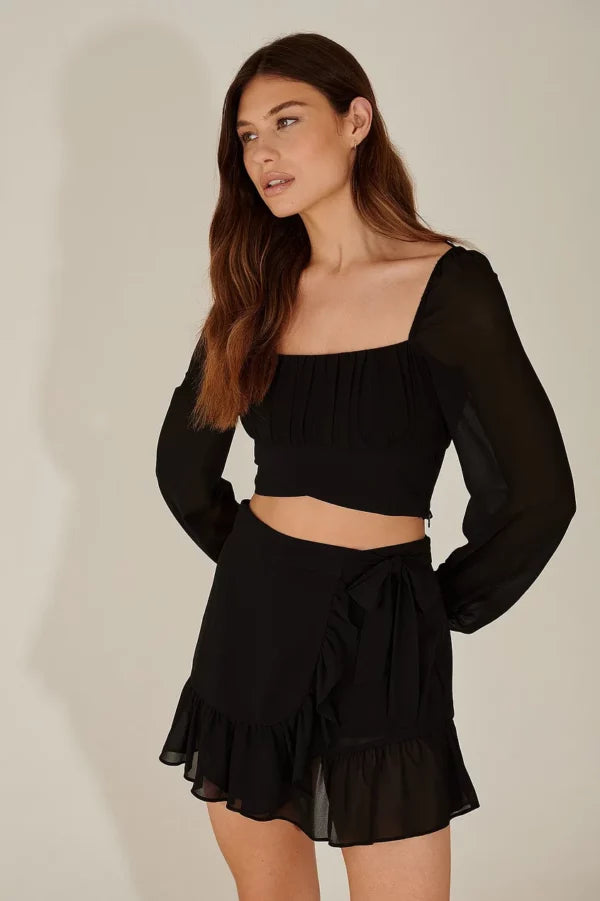 Long Sleeve Ruched Detail Blouse Black