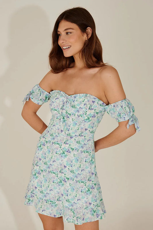 Recycled Off Shoulder Tie Detail Dress Flower