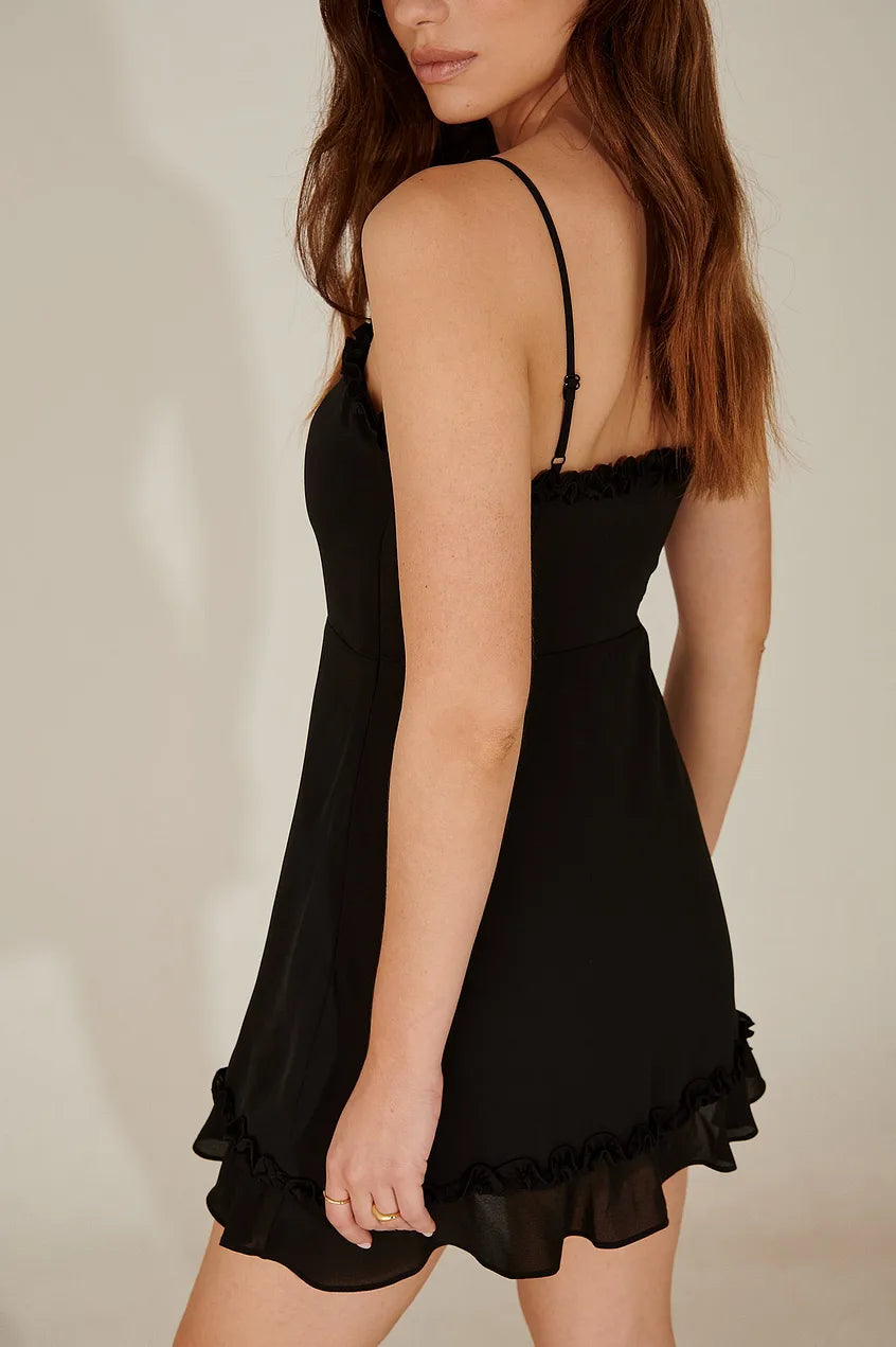 Recycled Ruffle Neckline Thin Strap Dress