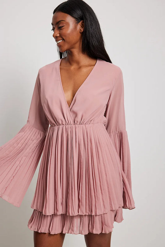 Pleated V-neck Mini Dress Pink
