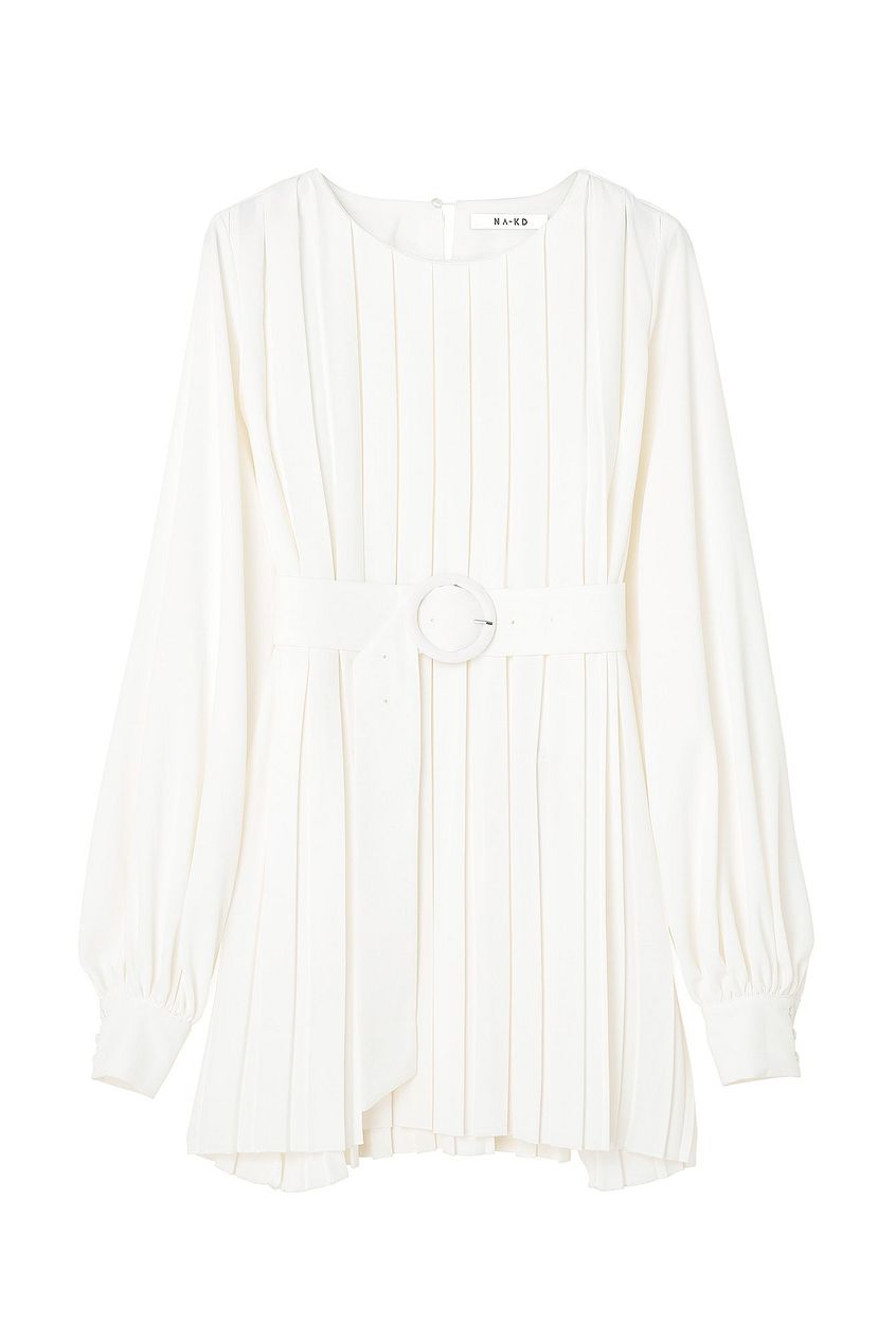 Pleated Woven Balloon Sleeve Mini Dress
