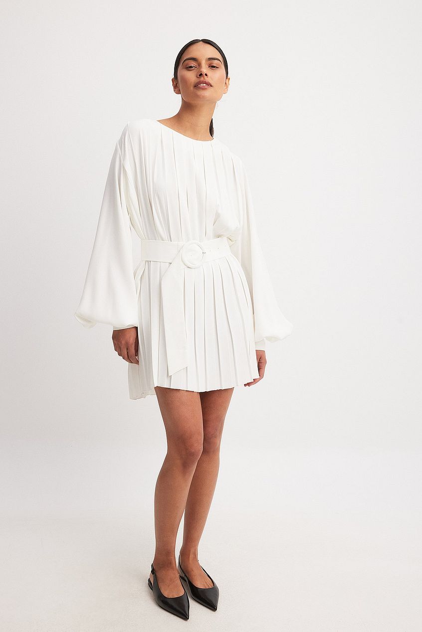 Pleated Woven Balloon Sleeve Mini Dress