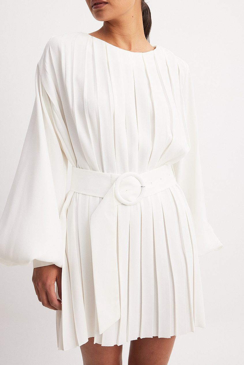 Pleated Woven Balloon Sleeve Mini Dress