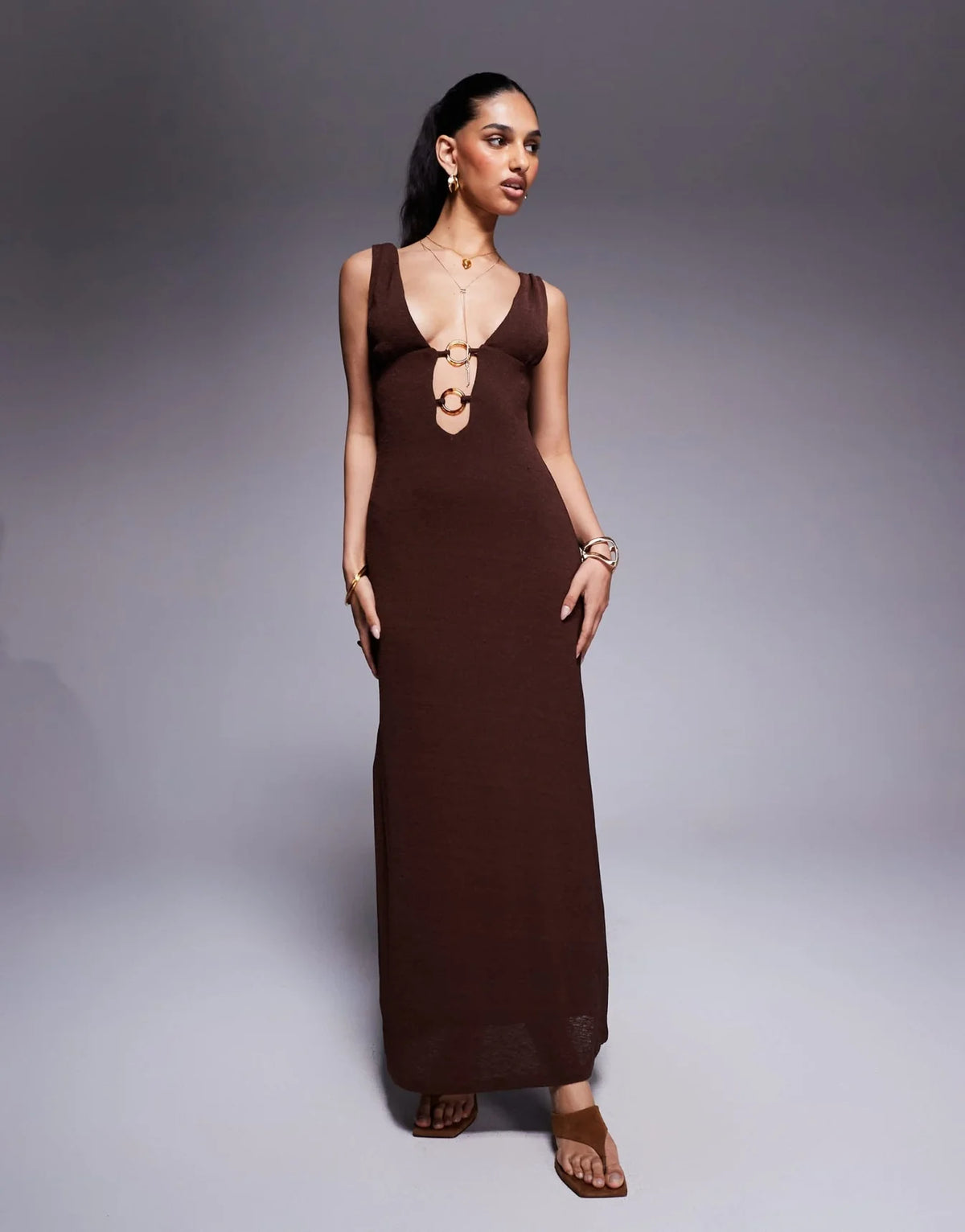 Princess Polly plunge neck ring detail maxi dress in chocolate