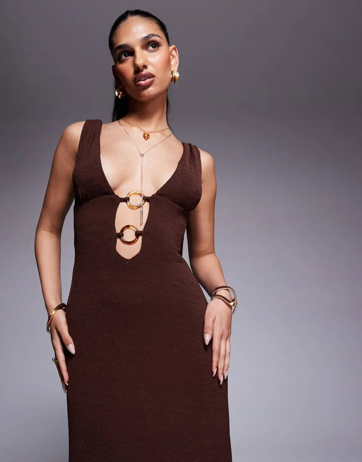 Princess Polly plunge neck ring detail maxi dress in chocolate