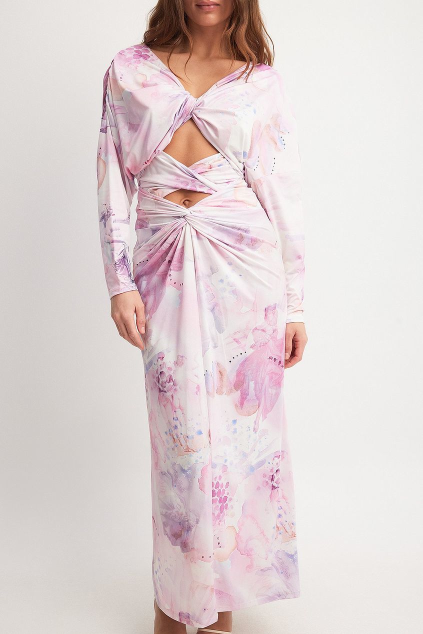 Sculpture Collage Print Ruched Maxi Dress
