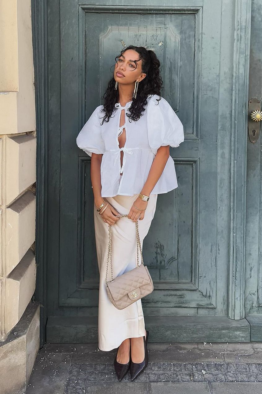 Na-kd Cotton Puff Sleeve Tie Front Blouse