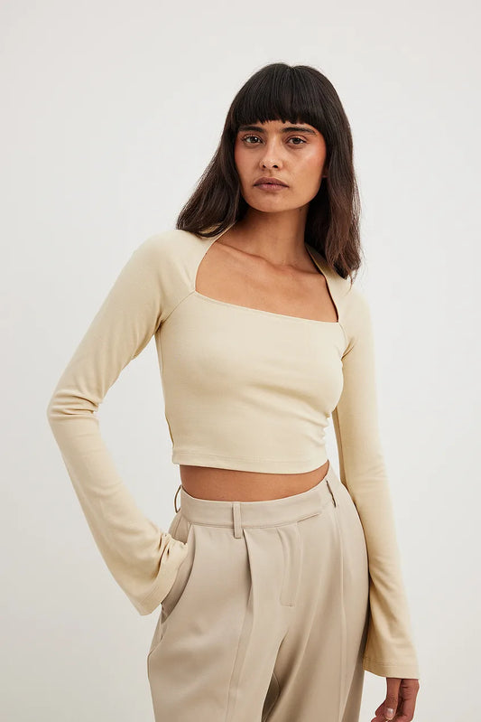 Square Neck Trumpet Sleeve Top Beige