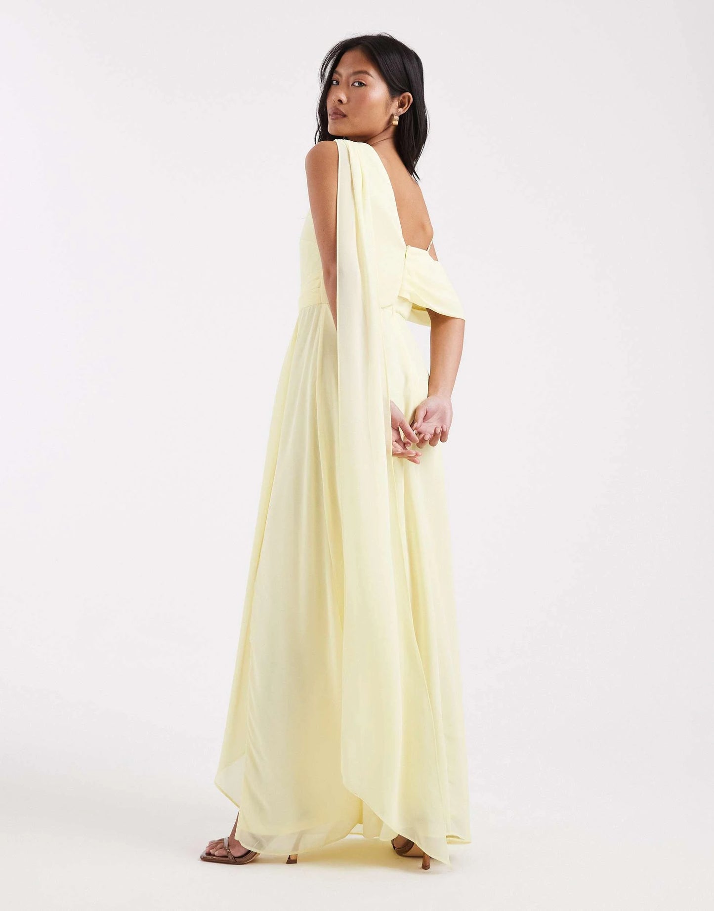 TFNC Petite bridesmaids chiffon fallen shoulder maxi dress in yellow