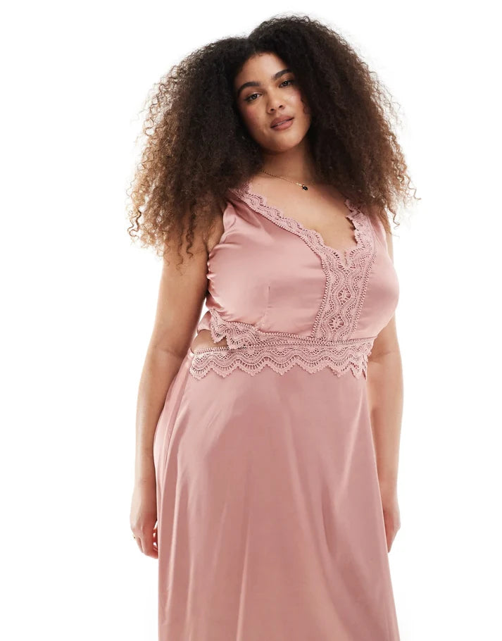 TFNC Plus Bridesmaid satin maxi dress with scalloped lace detail in dusky pink