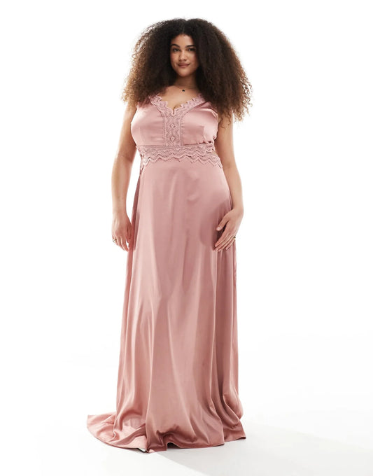 TFNC Plus Bridesmaid satin maxi dress with scalloped lace detail in dusky pink