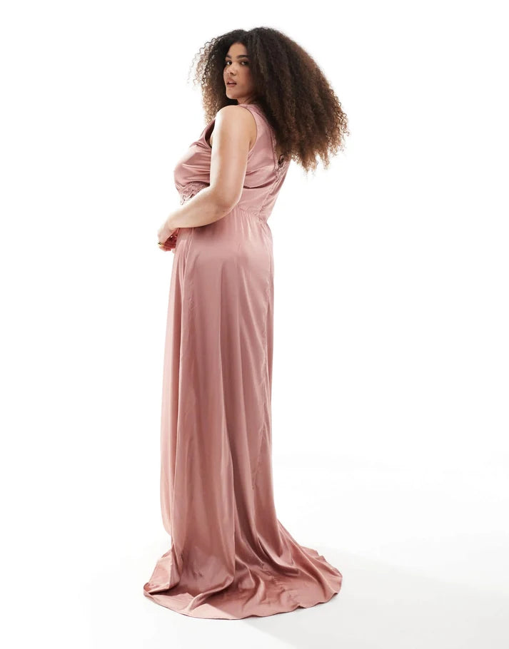 TFNC Plus Bridesmaid satin maxi dress with scalloped lace detail in dusky pink