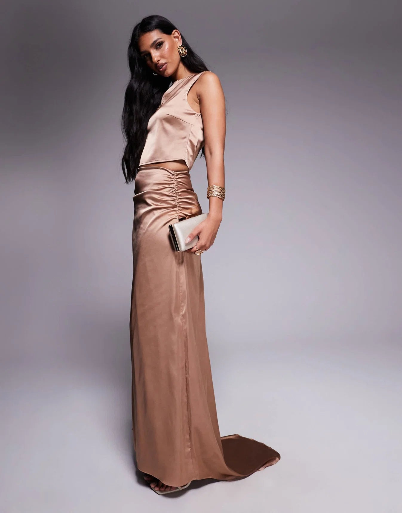 TFNC satin train maxi skirt co-ord in mocha