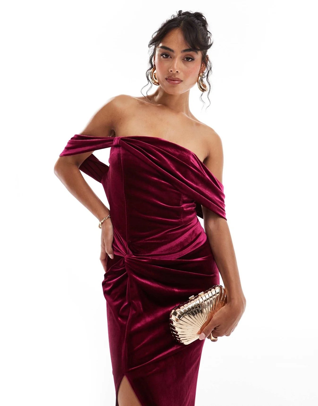 TFNC - Velvet Off shoulder maxi dress in burgundy