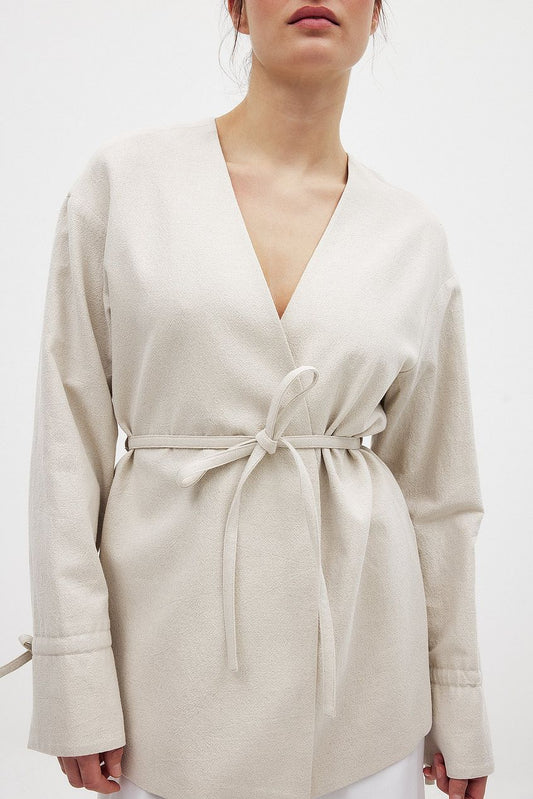Tie Detail Straight Fit Linen Blend Blazer