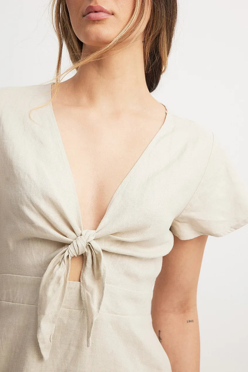 Tie Front Linen Dress Beige