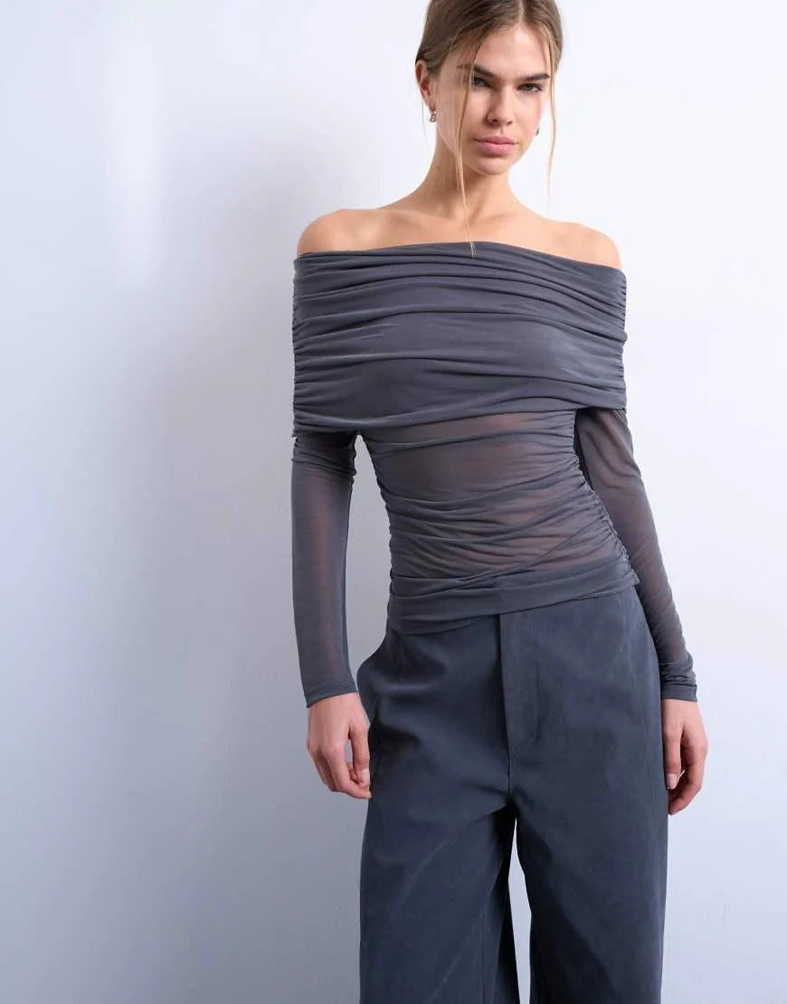 Topshop mesh bardot fold over long sleeve top in grey