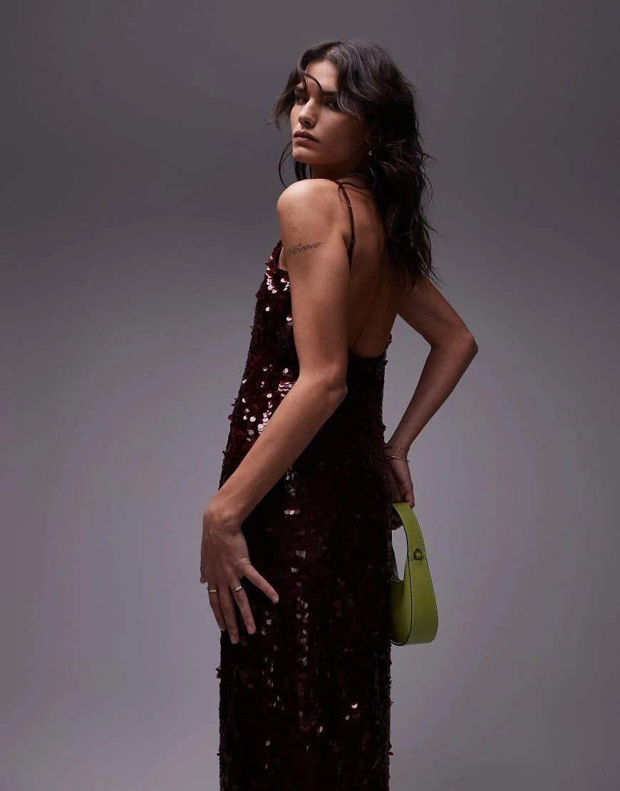 Topshop premium sequin slip maxi dress in oxblood
