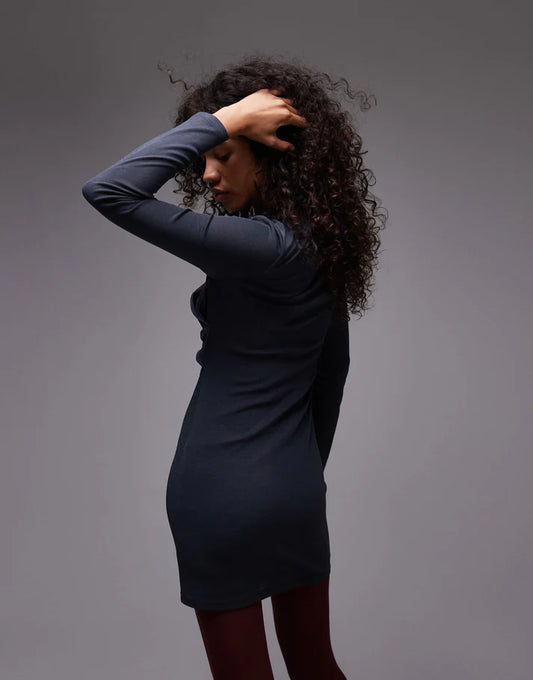 Topshop twist long sleeve mini dress in charcoal