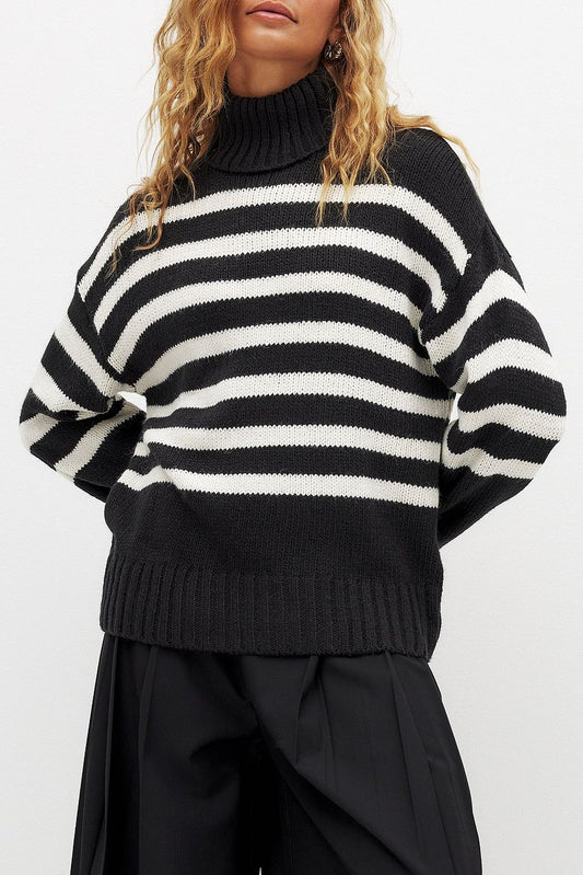 Turtle Neck Knitted Striped Sweater