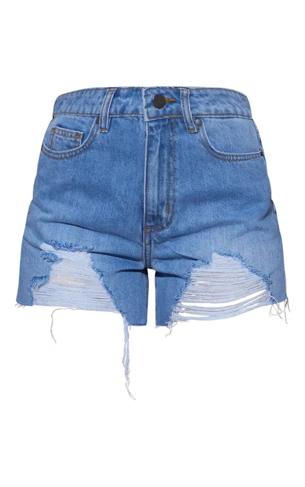 Light Blue Wash Distressed Mom Shorts