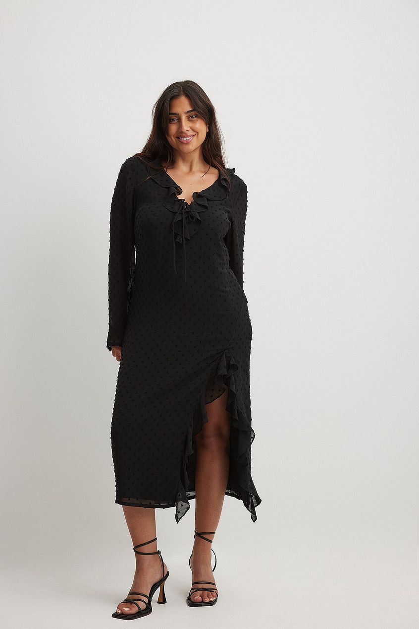 V-Neck Frill Midi Dress