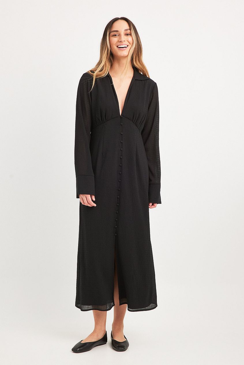 V-Neck Front Buttoned Midi Dress