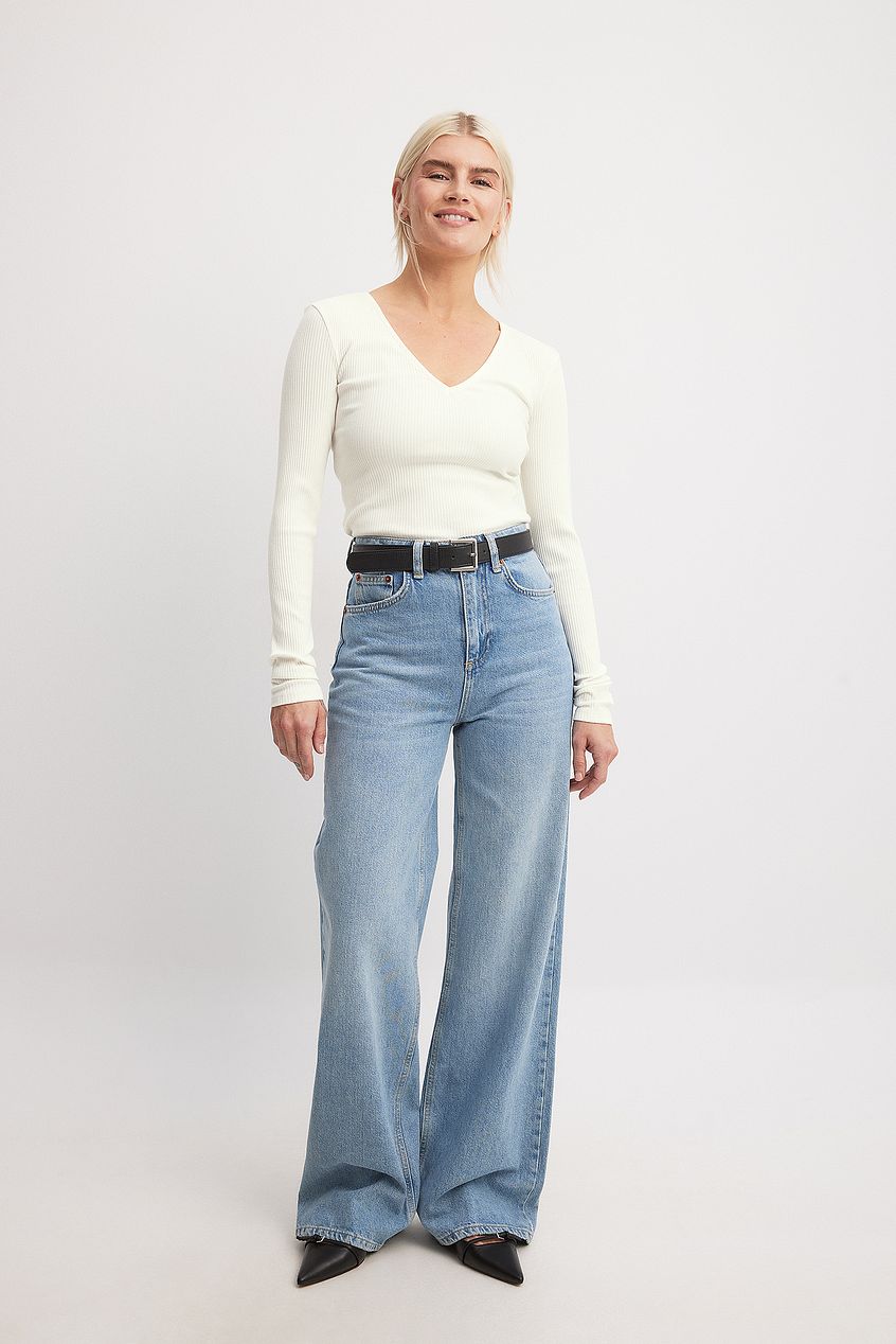 V-Neck Ribbed Long Sleeve Top