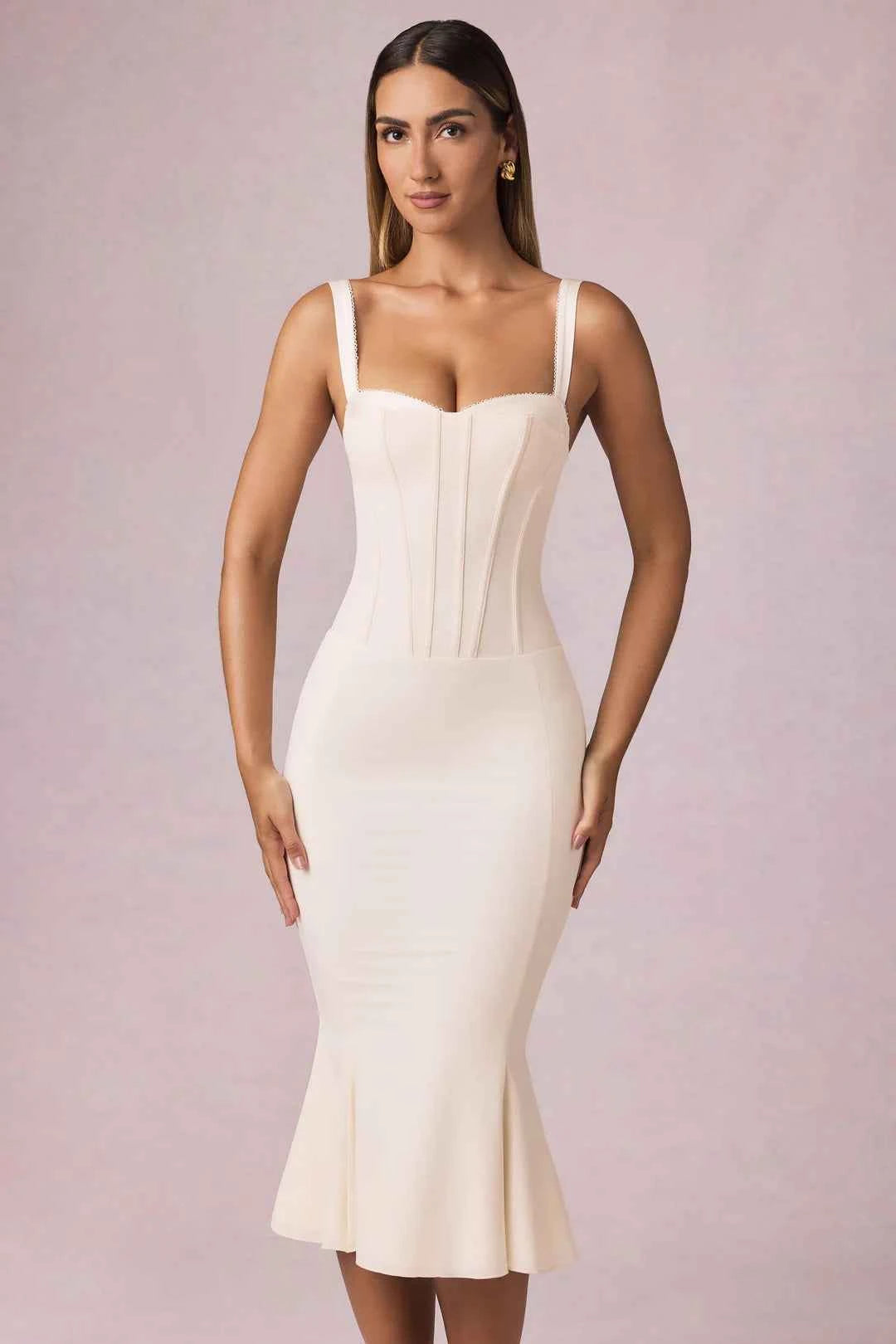 OhPolly - Layered Bra-Detail Fishtail Midaxi Dress in Ivory