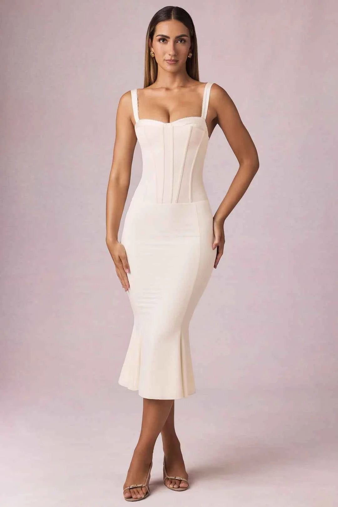 OhPolly - Layered Bra-Detail Fishtail Midaxi Dress in Ivory
