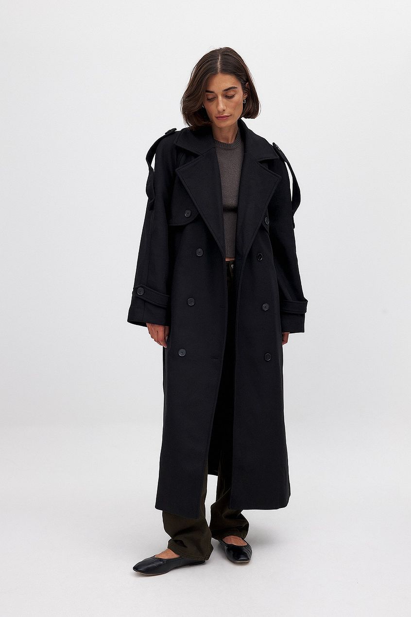 Wool Blend Raglan Coat- Black