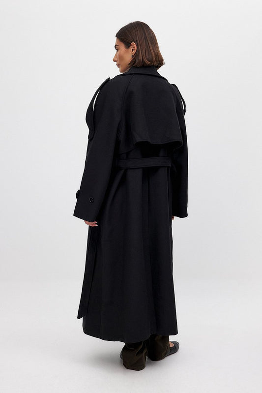 Wool Blend Raglan Coat- Black
