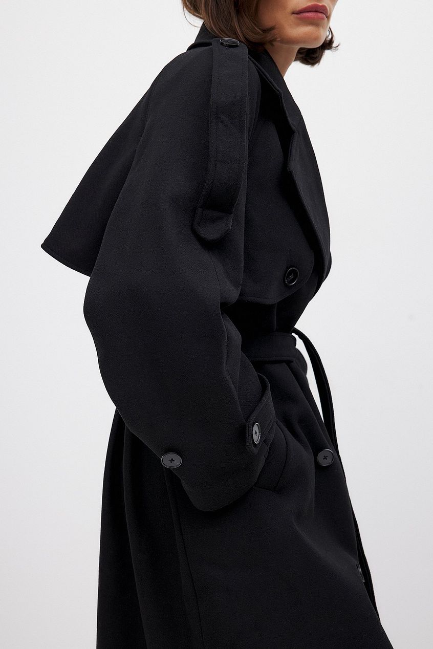 Wool Blend Raglan Coat- Black