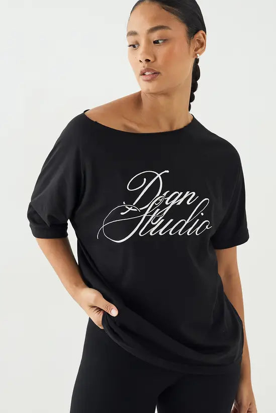 DSGN Studio Script Off The Shoulder Oversized T-Shirt