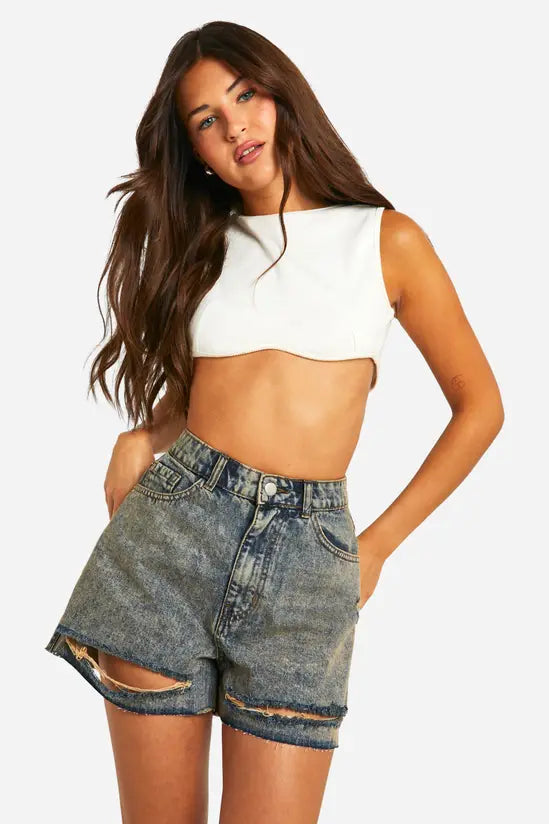 boohoo Dirty Tint Ripped Hem Denim Shorts