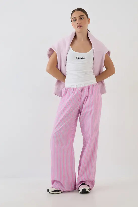 DSGN Studio DSGN Studio Henley Button Cotton Poplin Stripe Straight Leg Trouser