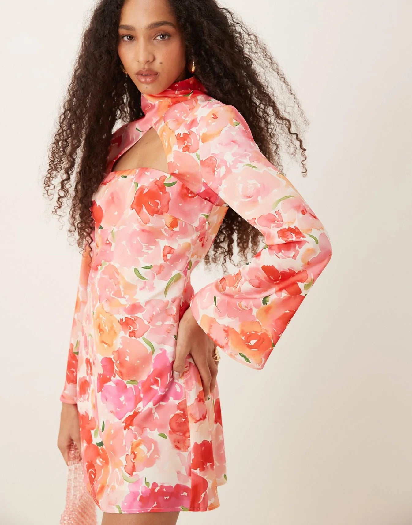 YAS high neck cut out satin mini dress in floral print